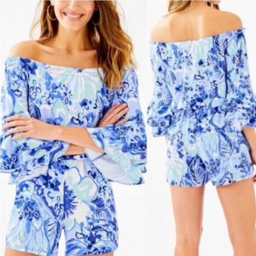 XL Lilly Pulitzer Off The Shoulder Ruffled Romper in Catch and Keep